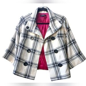 Express Women's Black And White Plaid Cropped Jacket with Pink Lining-Size 2 GUC